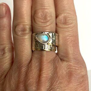 Sterling Silver 925 YS India Modernist Hammered Moonstone Bypass Ring Sz 8-8.5